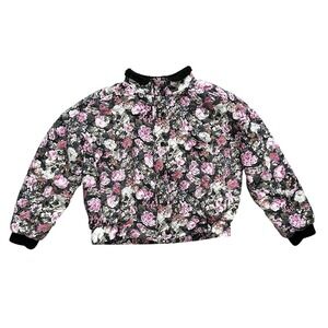 Saltwater Luxe Quilted Floral Bomber Jacket Pink Black Snap Front Puffer Coat S